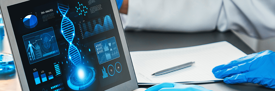 Digitale Gesundheitsanalyse als Sinnbild für Matrix-Rhythmus-Therapie, Regeneration und innovative Behandlungsmethoden.