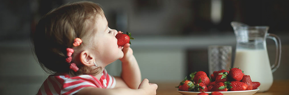 Kind sitzt an einem Tisch und hält eine Erdbeere vor dem Mund. Daneben stehen weitere Erdbeeren und eine Karaffe mit Milch.
