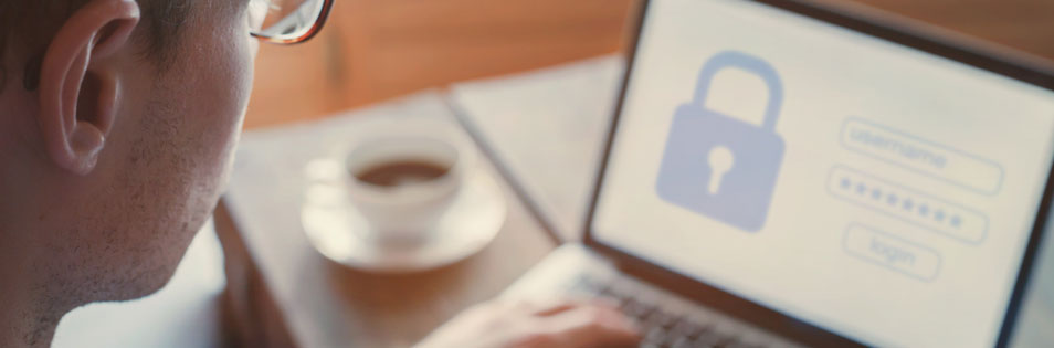 Person arbeitet an einem Laptop. Auf dem Bildschirm ist eine Login-Maske mit Schloss-Symbol zu sehen.