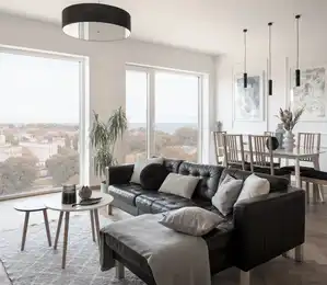 Modernes Wohnzimmer mit Kunststoff-Aluminium-Fenstern und Panoramablick