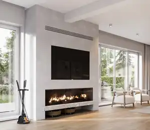 Modernes Wohnzimmer mit Kamin und großen Kunststoff-Aluminium-Fenstern