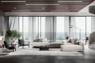 Modernes Wohnzimmer mit Aluminiumfenstern in München – bodentiefe Fenster mit Meerblick und stilvollem Design