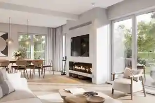 Helles Wohnzimmer mit Kamin und großen Kunststoff-Aluminium-Fenstern