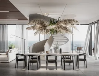 Luxuriöser Essbereich mit rahmenlosen Fenstern und beeindruckender Wendeltreppe