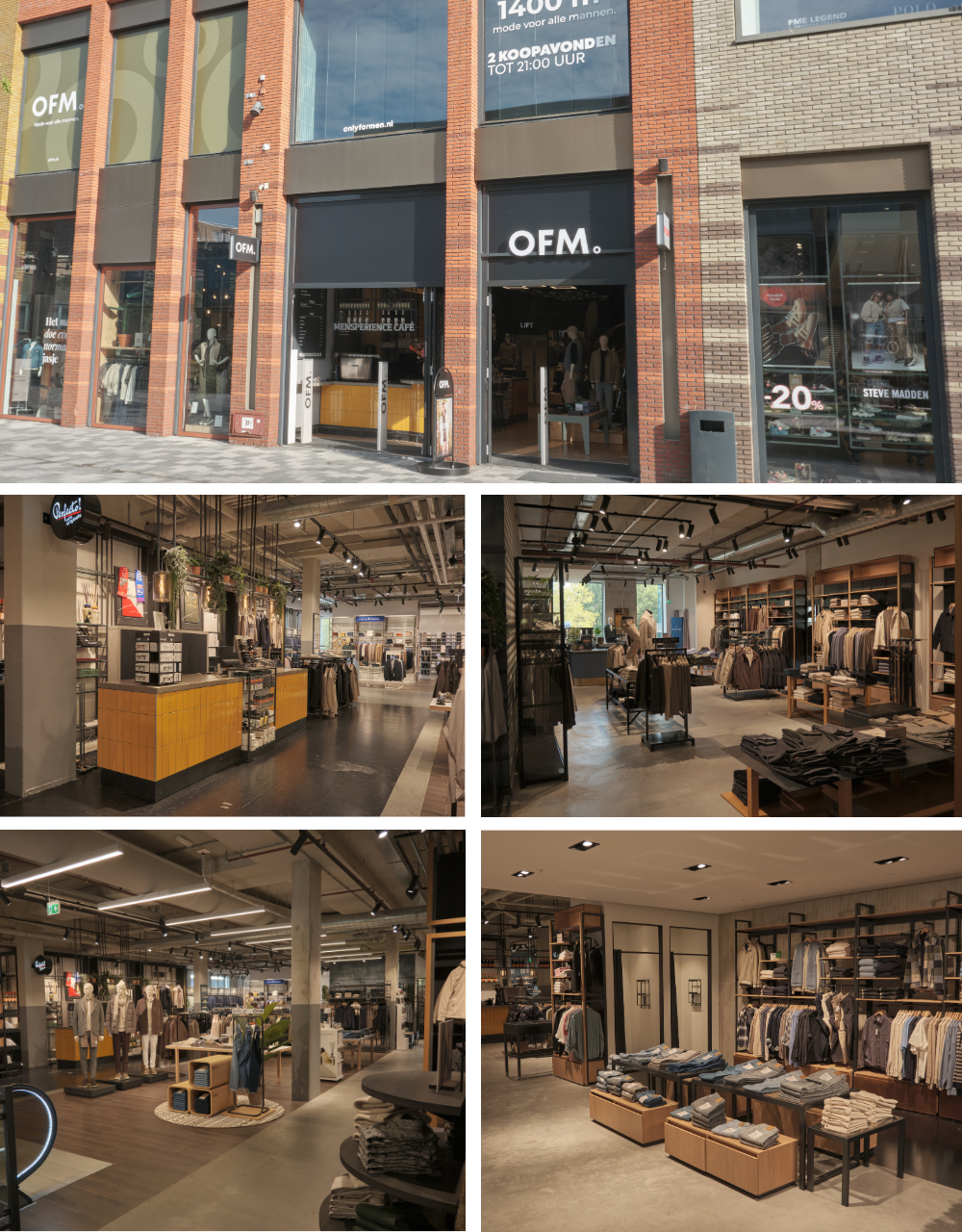 Collage van OFM. Nieuwegein. Foto's van zowel binnenkant als buitenkant van de winkel