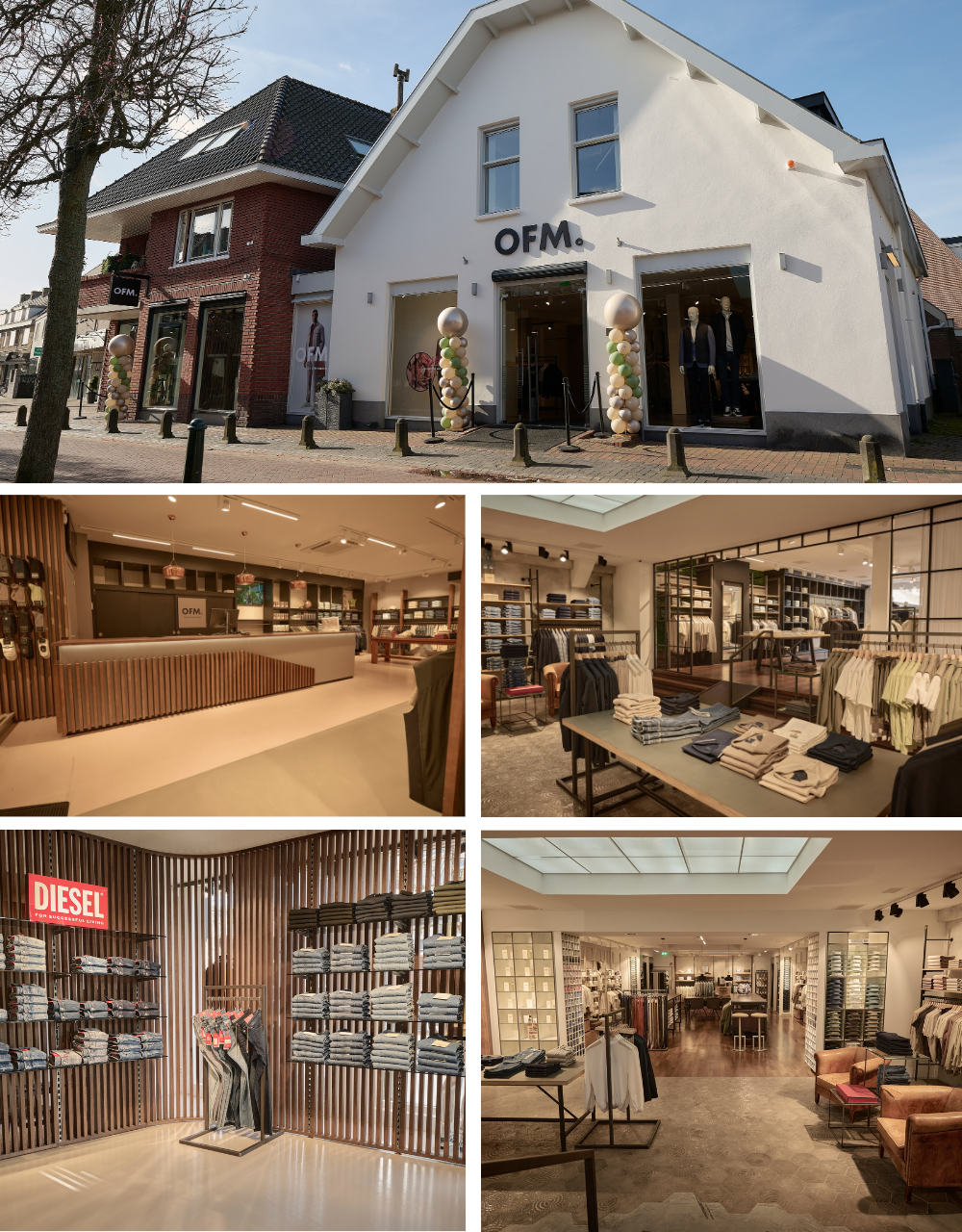 Collage van OFM. Huizen. Exterieur en interieur van de winkel.