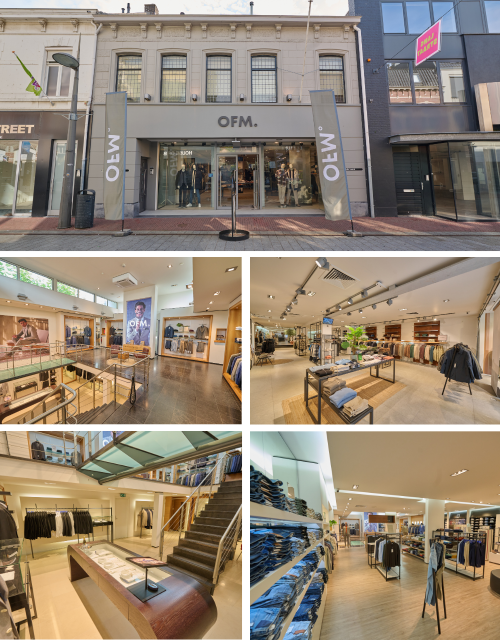 Collage van OFM. Weert. Foto's van zowel binnenkant als buitenkant van de winkel