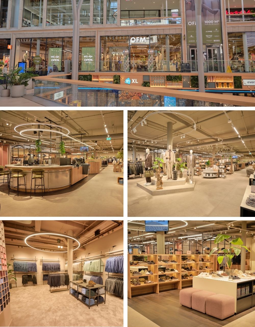 Collage van nieuwe OFM. winkel in Hoofddorp. Winkelpui en interieur