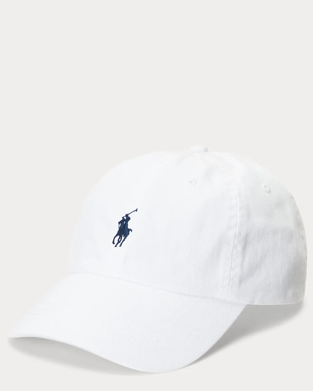 White baseball cap with a navy embroidered logo of a polo player on a horse, angled slightly to the left against a plain background.