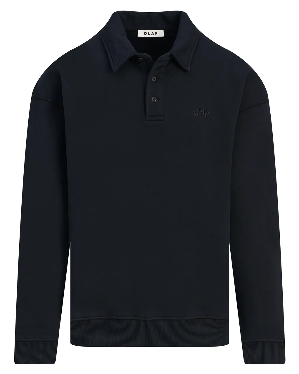 A navy blue long-sleeve polo shirt with a collared neckline and button placket, featuring a subtle embroidered logo on the chest.