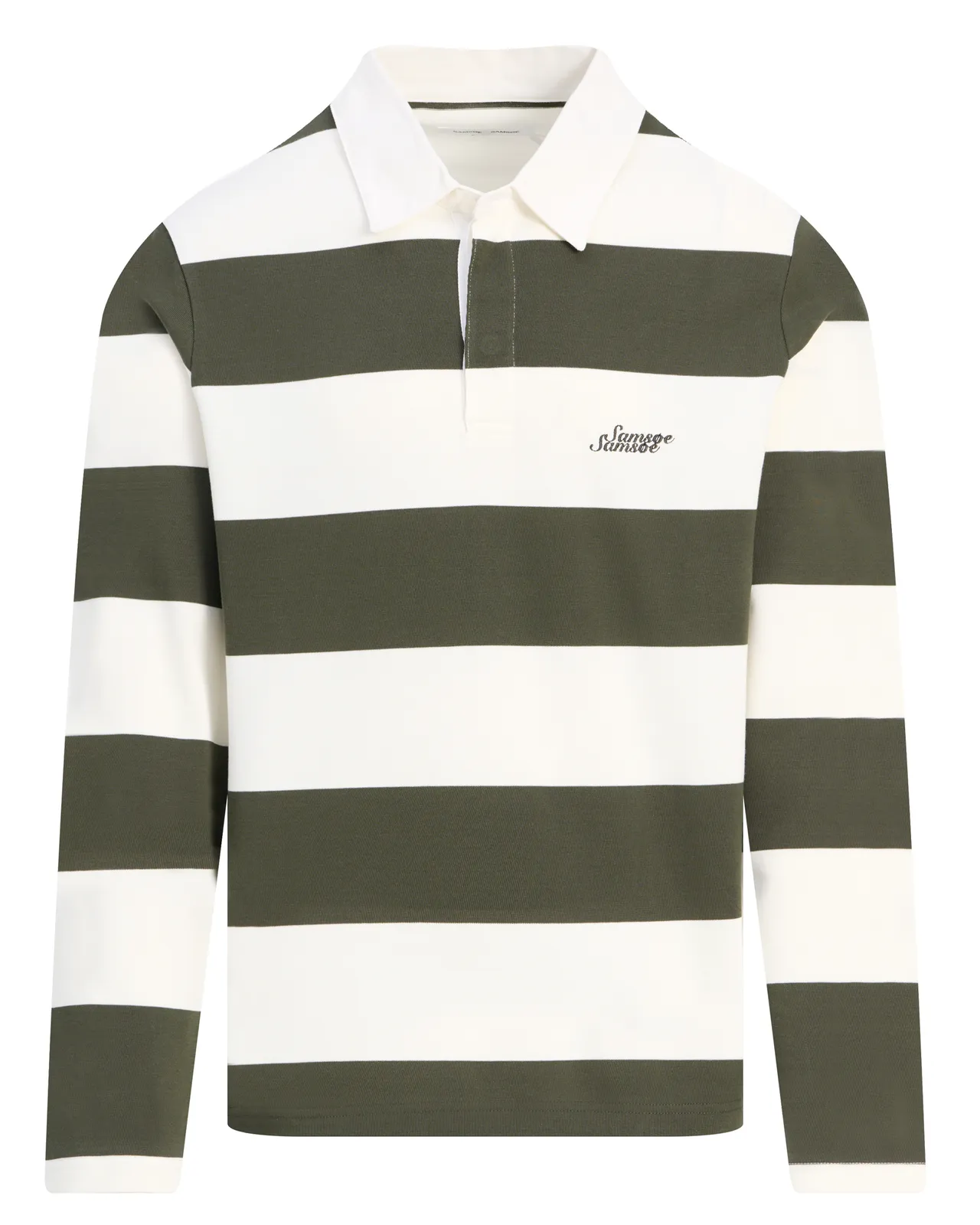 Green and white striped rugby shirt with a collar and long sleeves.