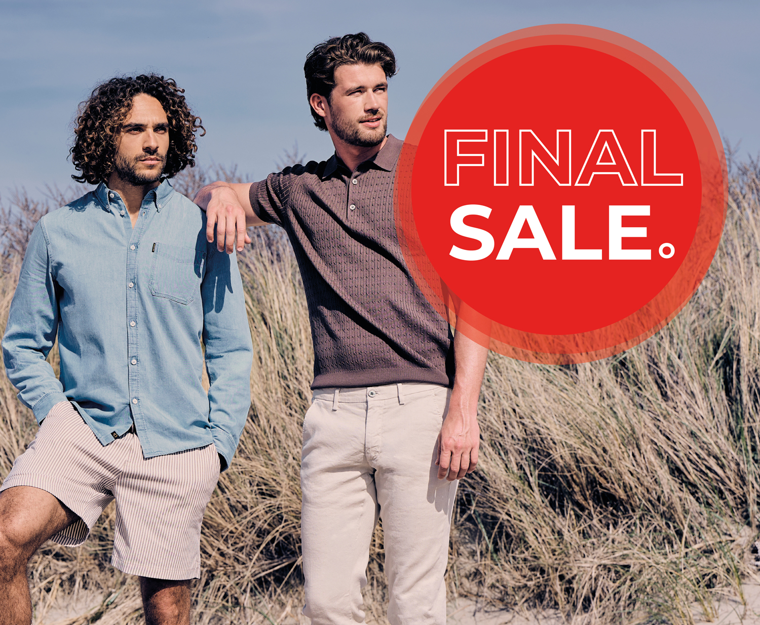 Two men in casual outfits stand outdoors near tall grass, with a large red "Final Sale" sign beside them.