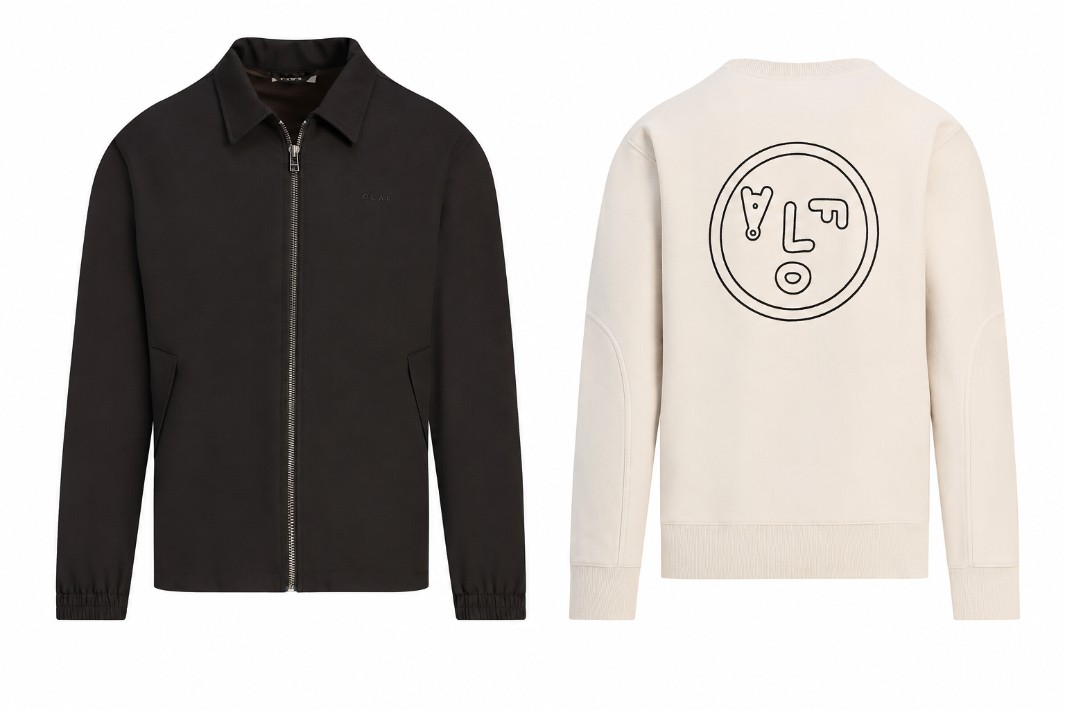Brown zip-up jacket with a collar next to an off-white sweatshirt featuring a circular logo on the back.