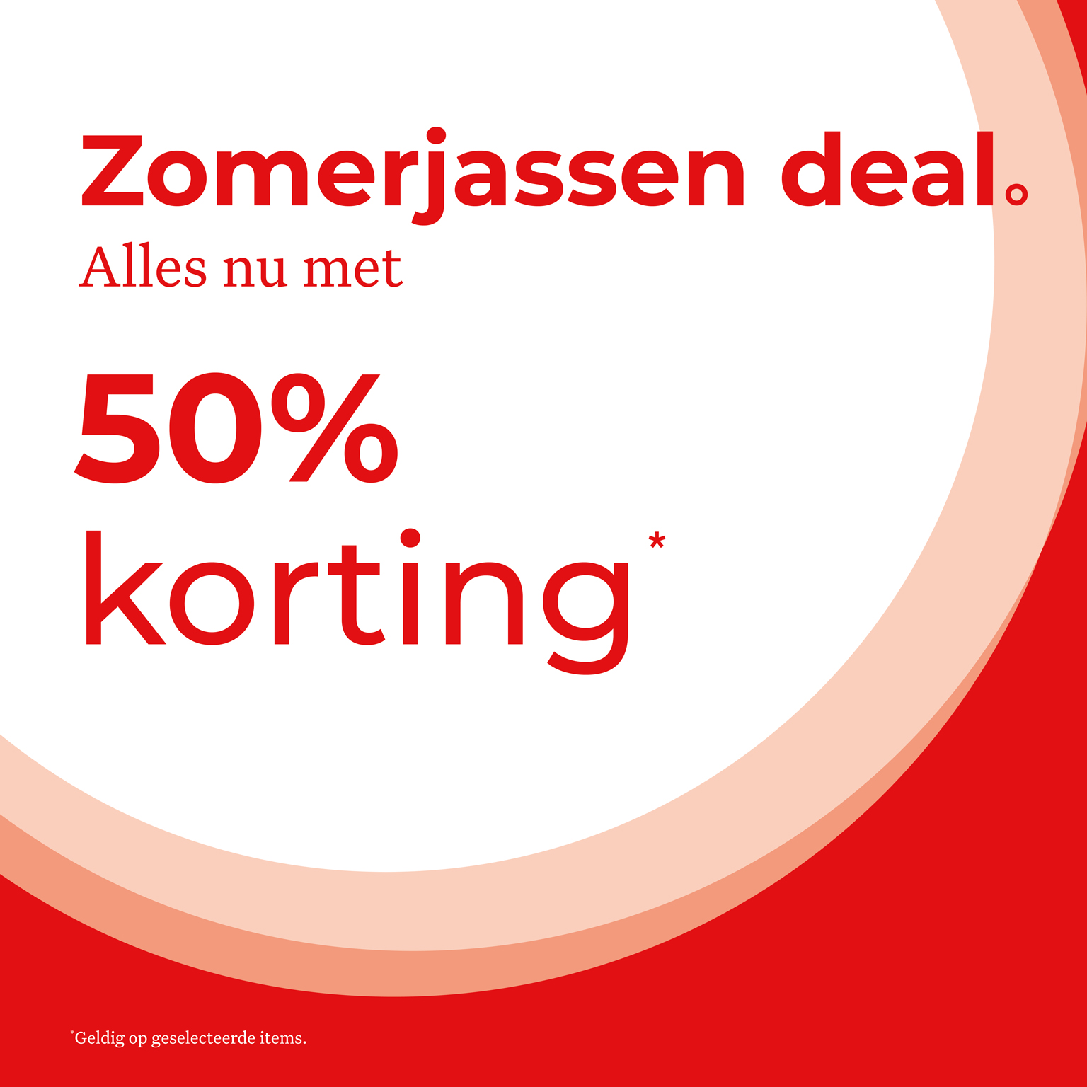 Red and white promotional graphic for summer jackets with "50% korting" text, indicating a 50% discount on selected items.