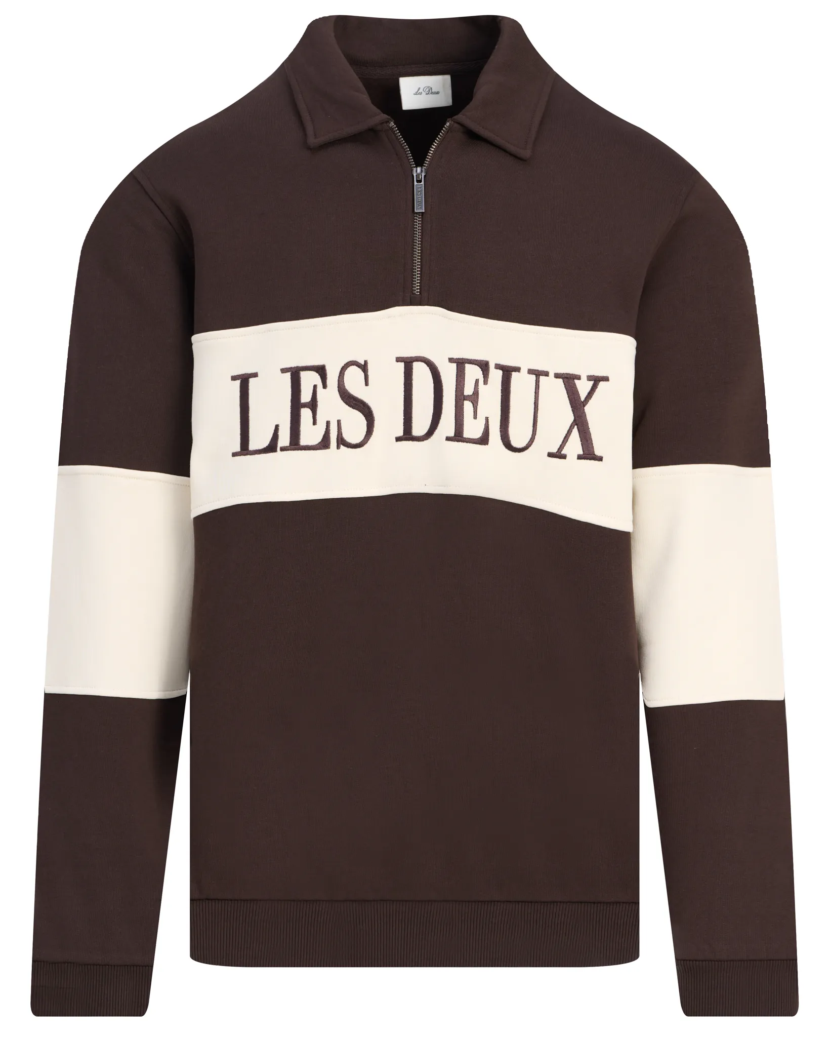 Brown and cream quarter-zip pullover with "LES DEUX" text across the chest.