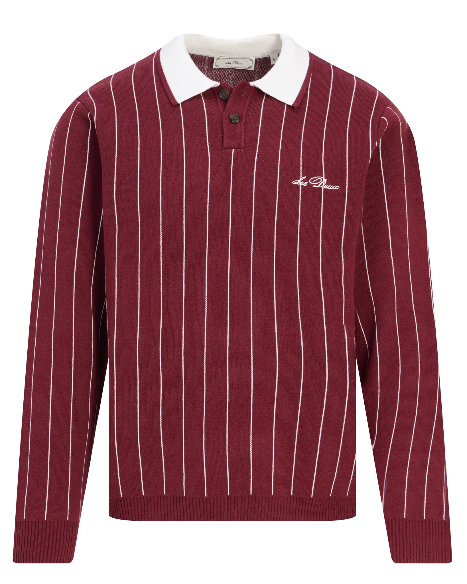 Maroon long-sleeve polo shirt with white vertical stripes, button collar, and white embroidered logo on the chest.