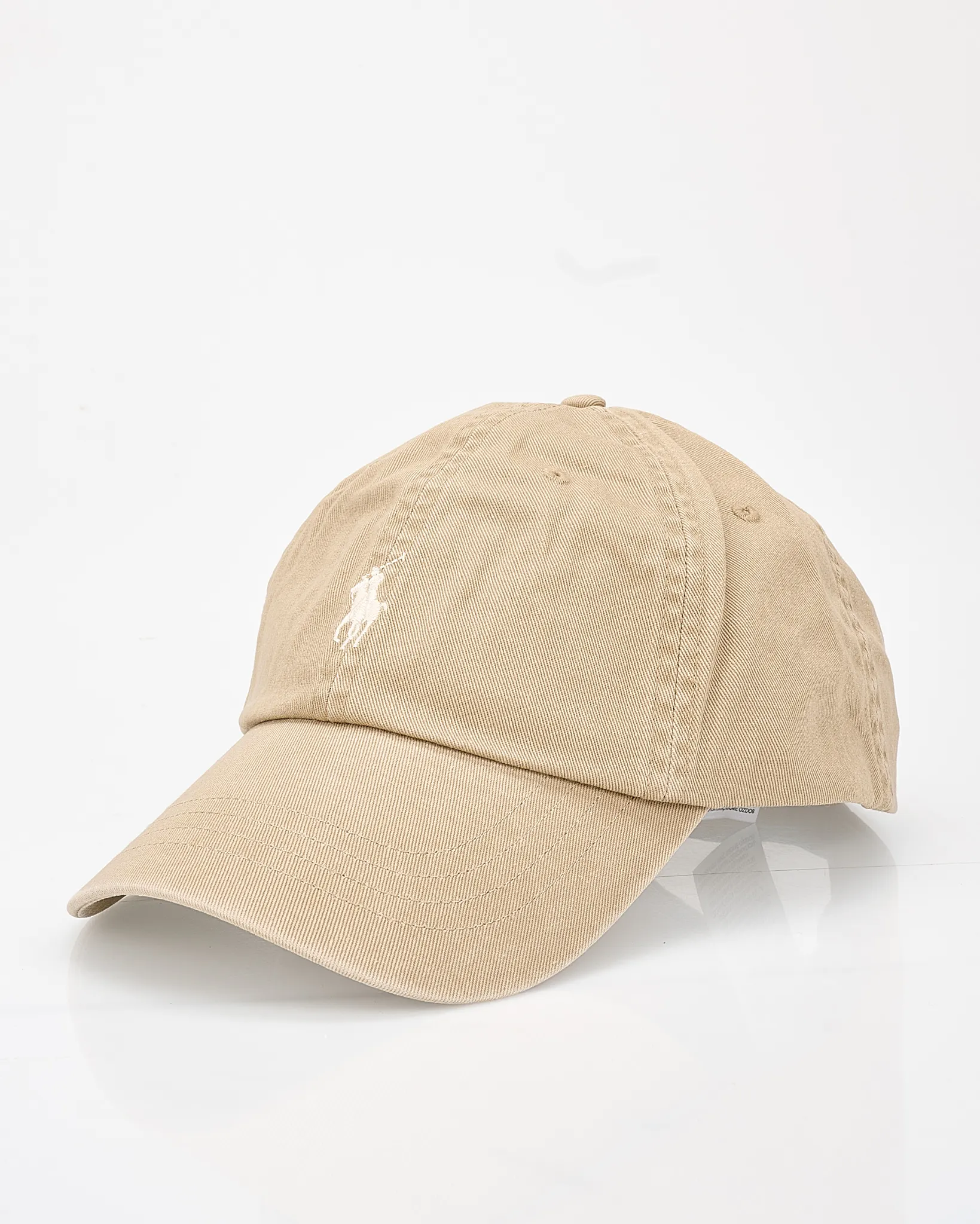 Beige baseball cap with a white embroidered logo on the front, displayed on a white background.