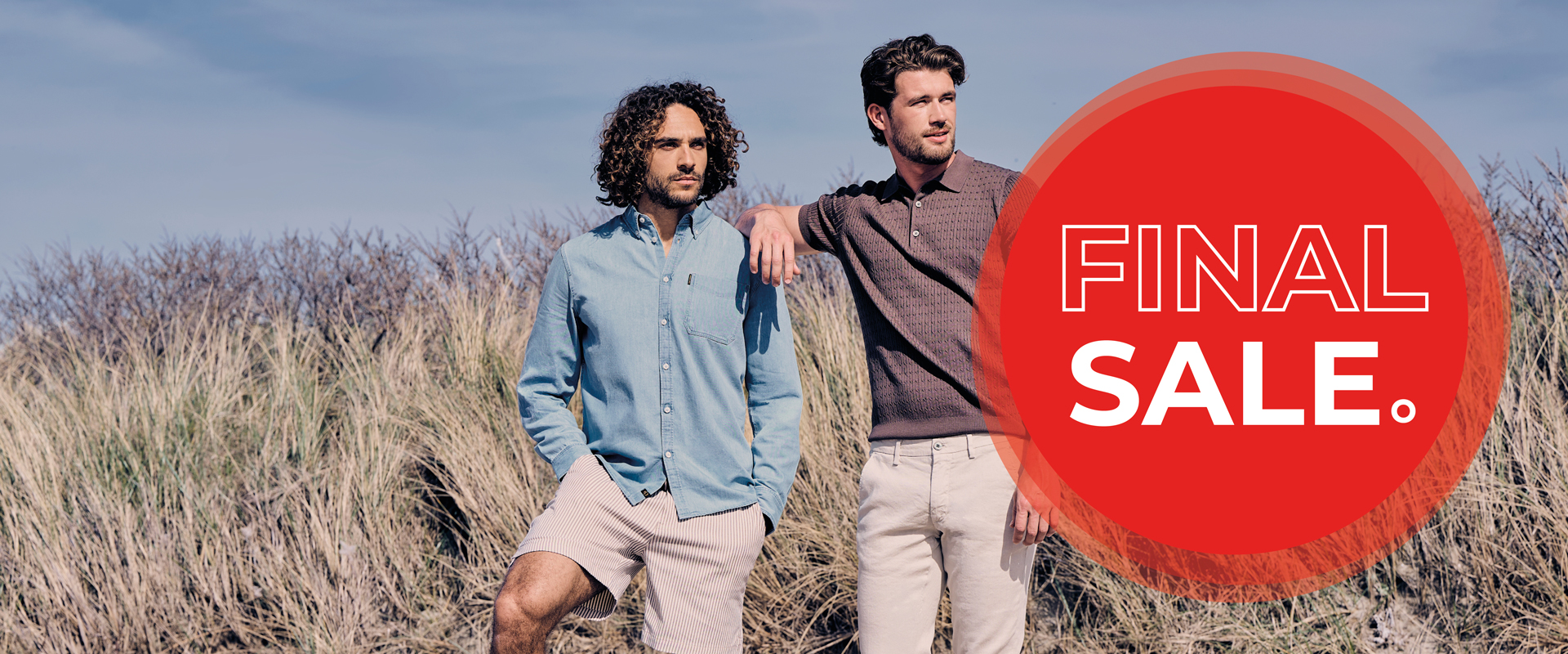 Two men in casual attire stand outdoors beside dry grass. A large red circle on the right features the text "FINAL SALE."