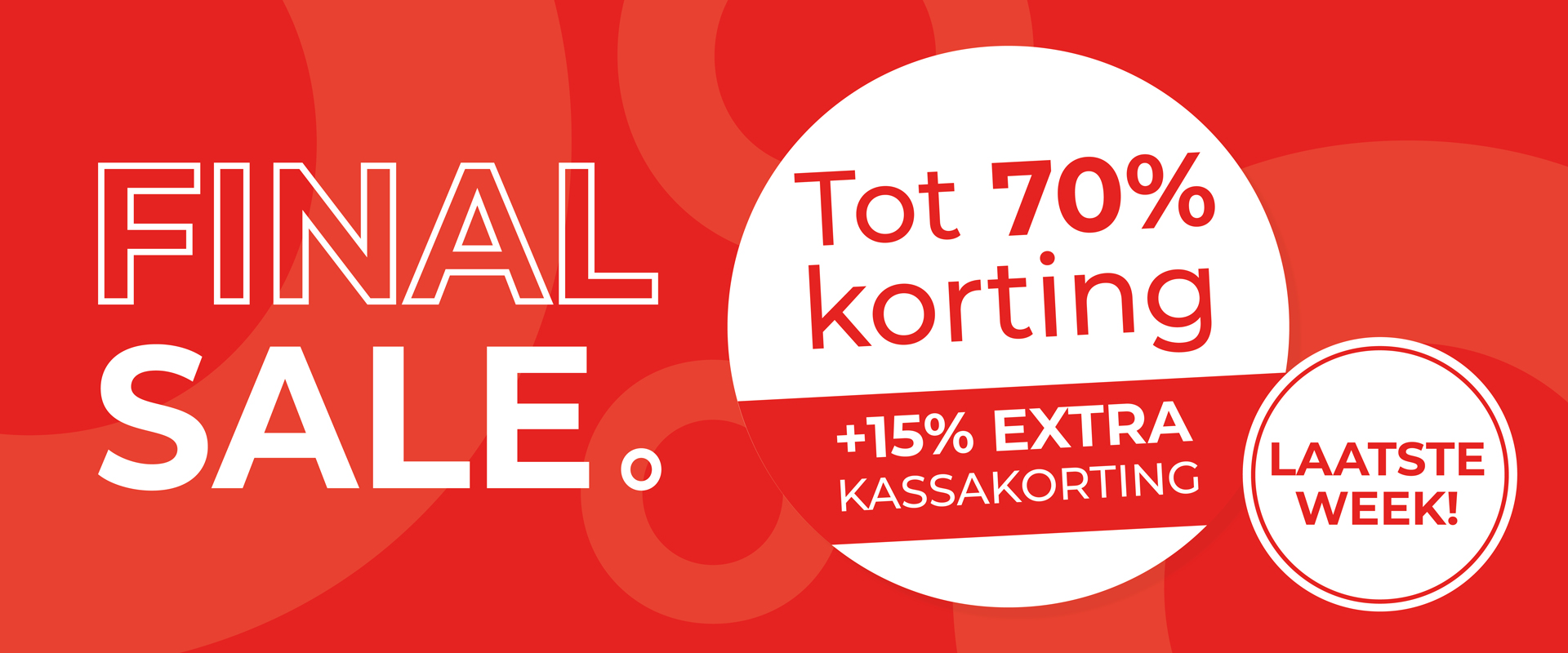 Red sale banner with "FINAL SALE", up to 70% discount, extra 15% at checkout, and "Last Week" in Dutch.