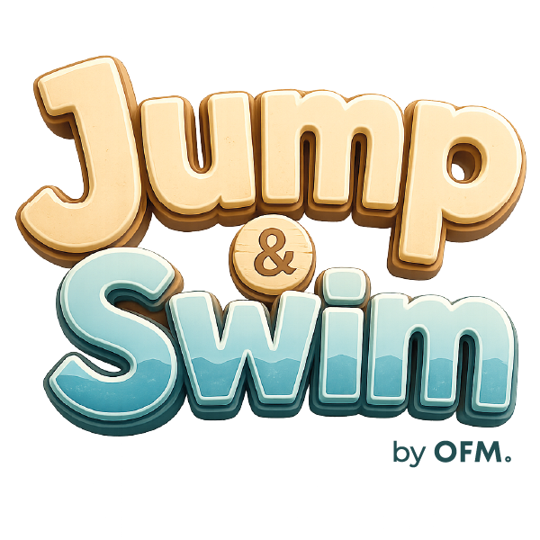 Text logo reading "Jump & Swim" with "by QFM" underneath, featuring bold block letters in light tan and blue.
