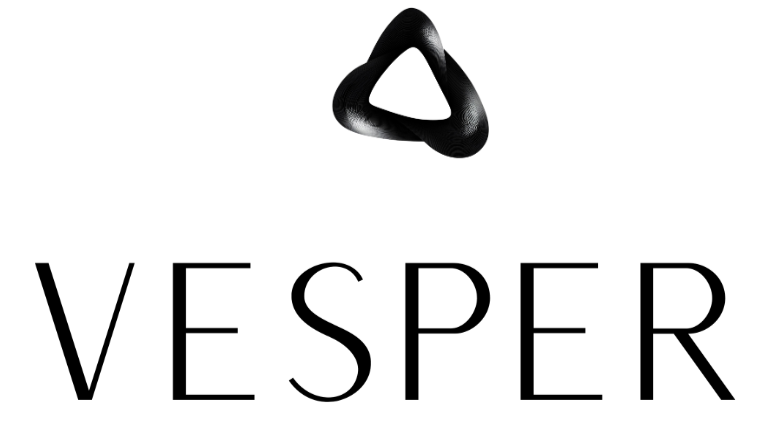 Black triangle above the word "VESPER" in bold, capital letters, on a white background.