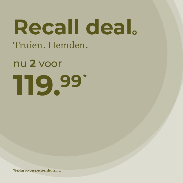 Ad for a "Recall deal" on sweaters and shirts, offering 2 for 119.99. Text in Dutch, valid on selected items.