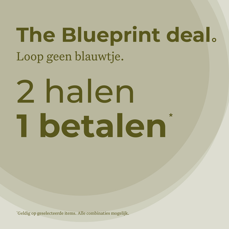 Promotional image with text: "The Blueprint deal. Loop geen blauwtje. 2 halen 1 betalen." Valid on selected items, all combinations possible.