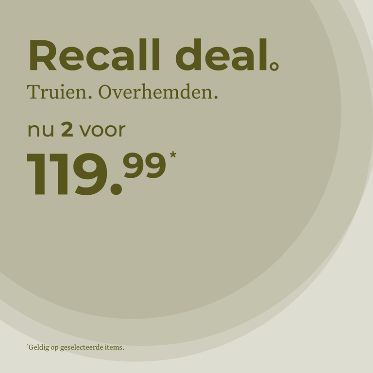 Promotional text offering a deal on sweaters and shirts: buy two for 119.99, valid on selected items, with a neutral background.
