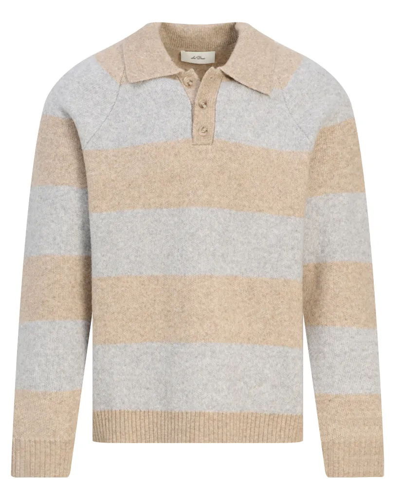 Beige and gray striped sweater with a collar and button placket.