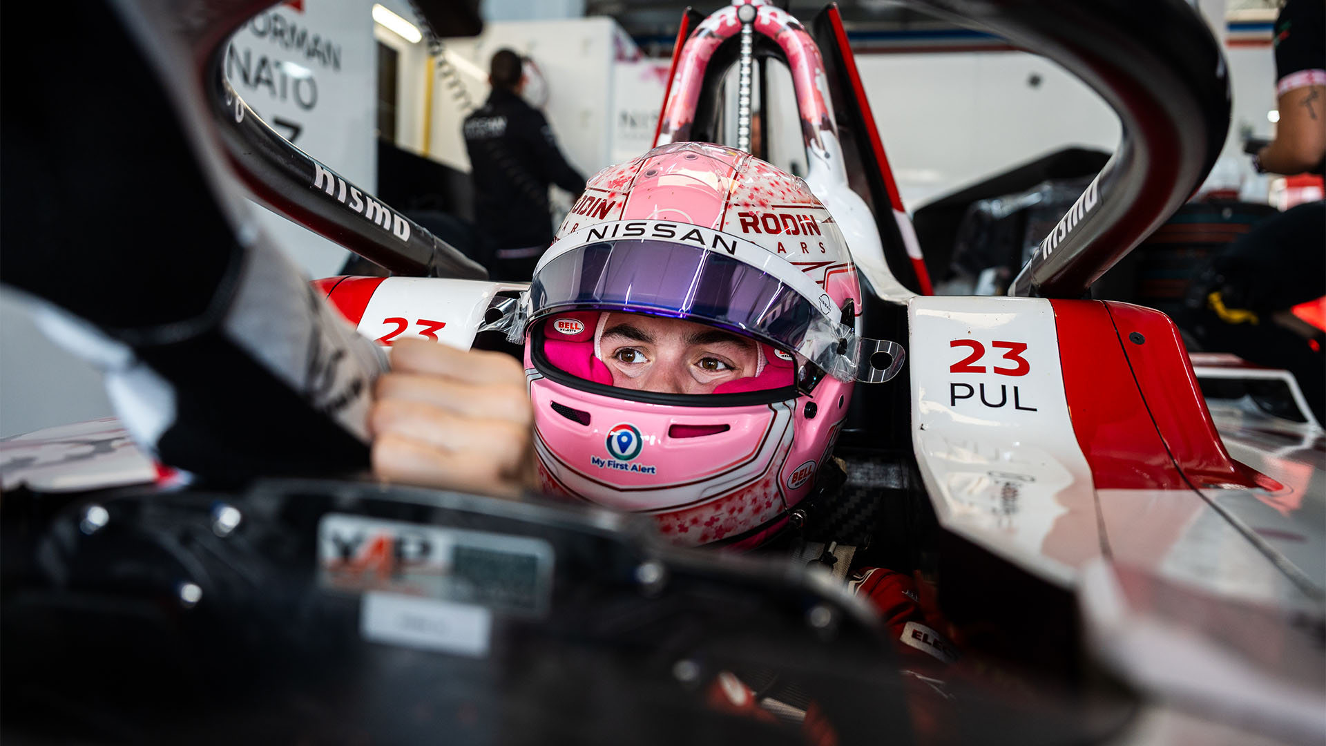 Nissan Formula E Team's Rookie and Simulator Driver Abbi Pulling in the #23 Nissan e-4ORCE 05 turning right into a corner during Friday's all-women's test in Valencia.