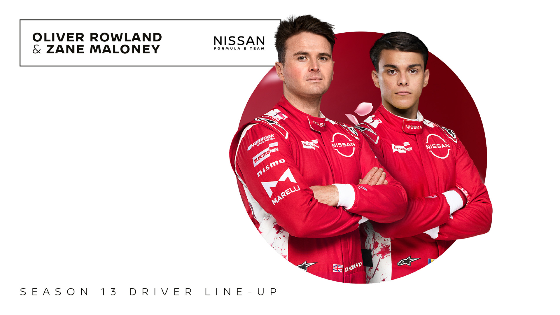 Graphic which shows Oliver Rowland and Zane Maloney in Nissan race suits