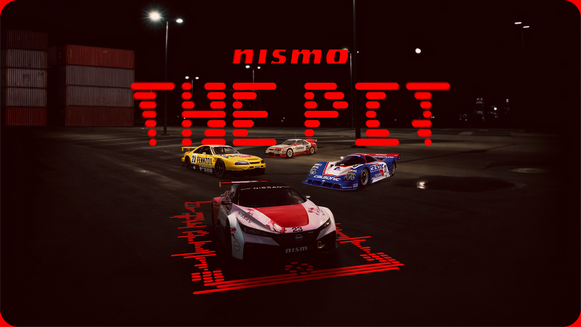 Promotion image of The Nismo Pit, with classic Nissan cars in an empty parking lot