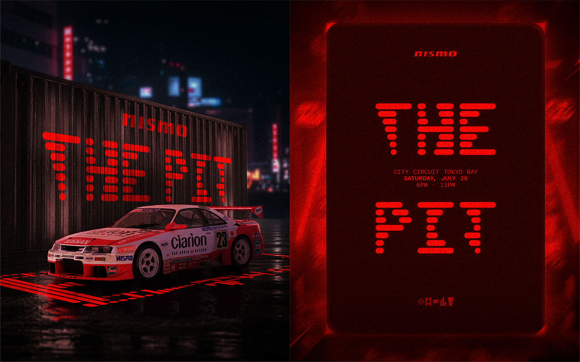 A classic Nissan car sits in front of a shipping container that displayed the logo for The Nismo Pit