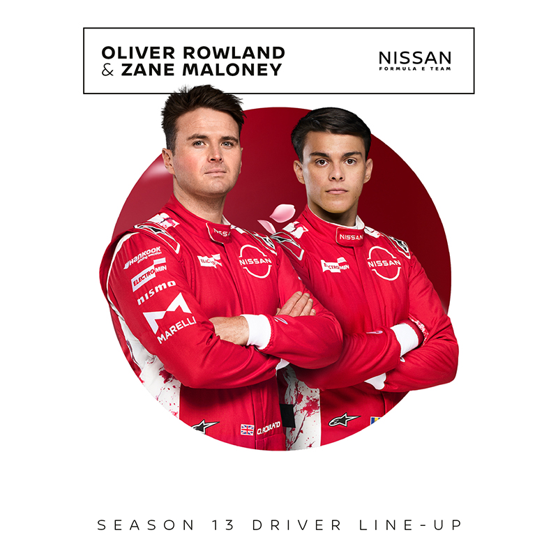 Graphic with Oliver Rowland and Zane Maloney in Nissan race suits
