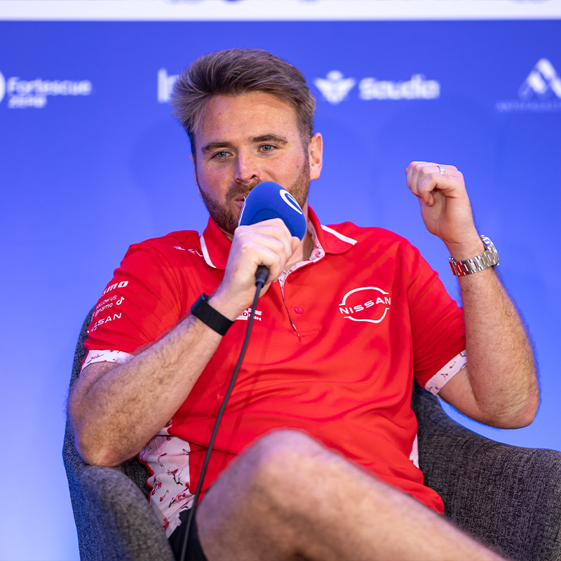 Oliver Rowland speaks at a Formula E press conference