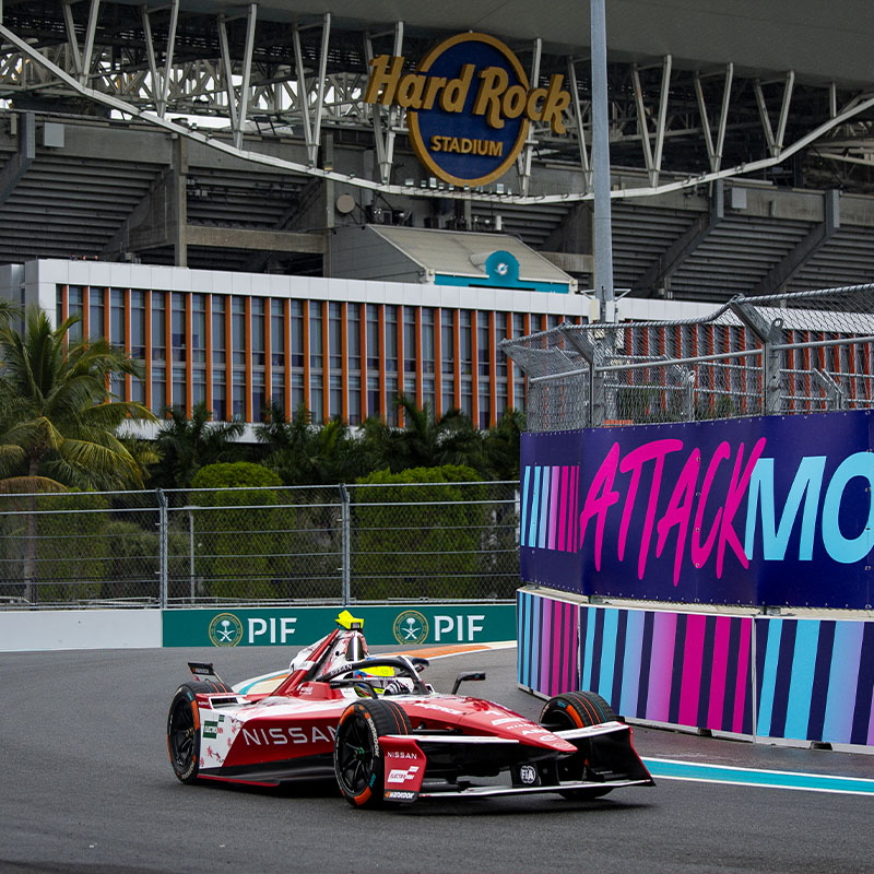 Oliver Rowland on track in Miami with the Hard Rock Stadium in the background