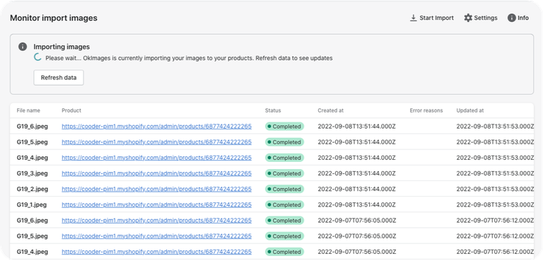OkImages Monitor import page table processes completed
