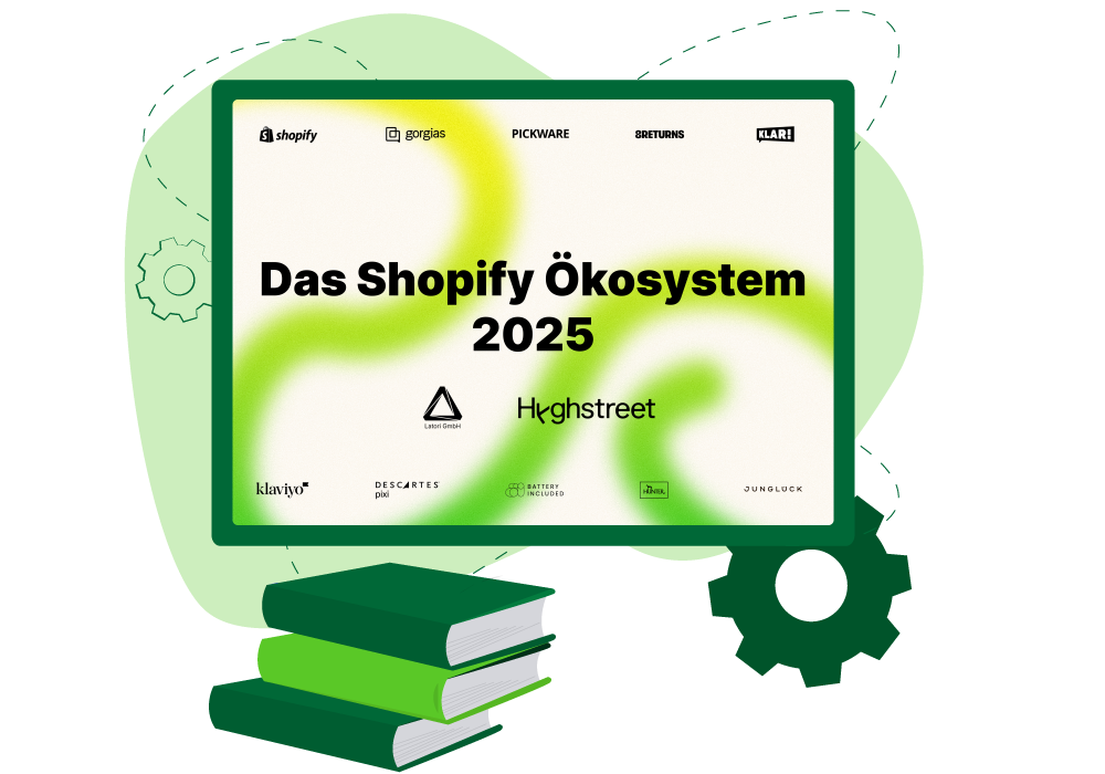 Illustration eines Bildschirms mit der Anzeige „Das Shopify Ökosystem 2025“ mit verschiedenen Logos, umgeben von Büchern und einem Zahnrad.