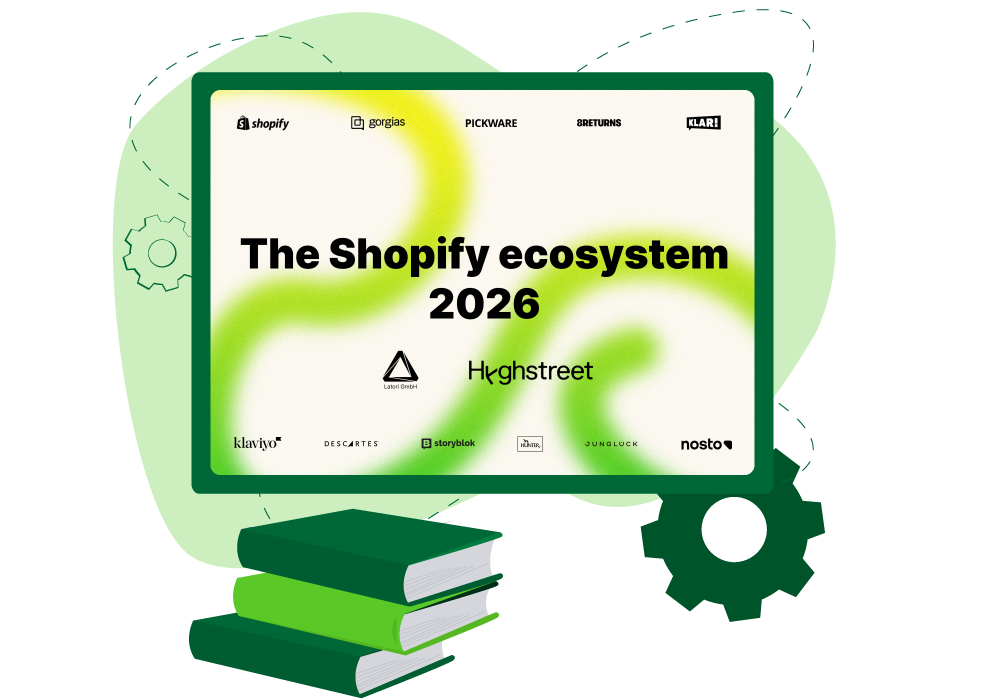Illustration of a screen displaying “The Shopify Ecosystem 2025” with various logos, surrounded by books and a gear.