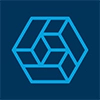 Blue geometric hexagonal logo on a dark blue background, featuring interconnected lines and shapes.
