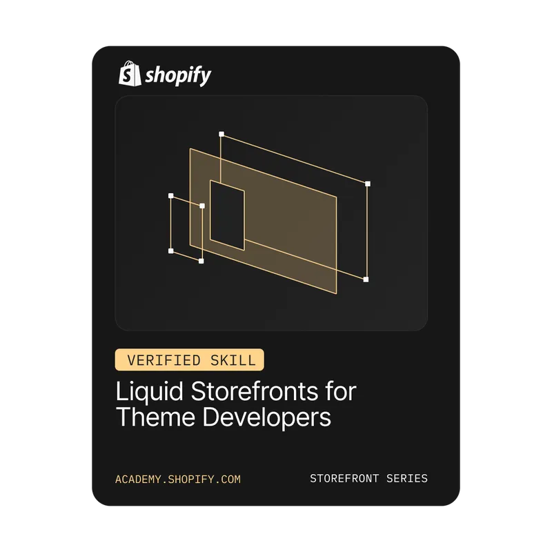 Shopify-Logo für den Kurs „Liquid Storefronts for Theme Developers“ mit abstraktem geometrischem Design.