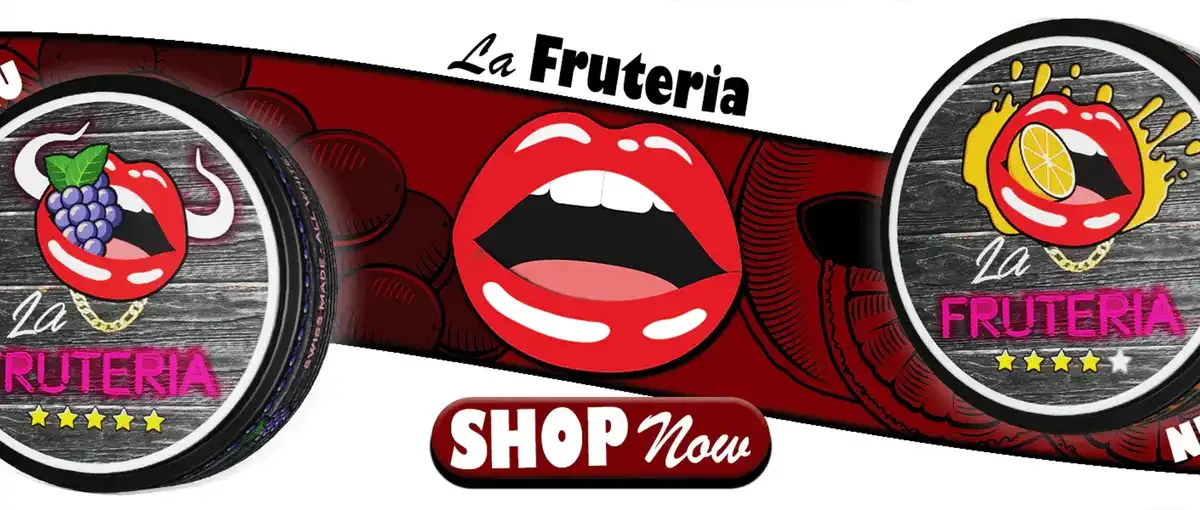 Banner mit dem Logo „La Fruteria“ mit roten Lippen, Bildern von Trauben und Zitronen und der Schaltfläche „Jetzt einkaufen“.