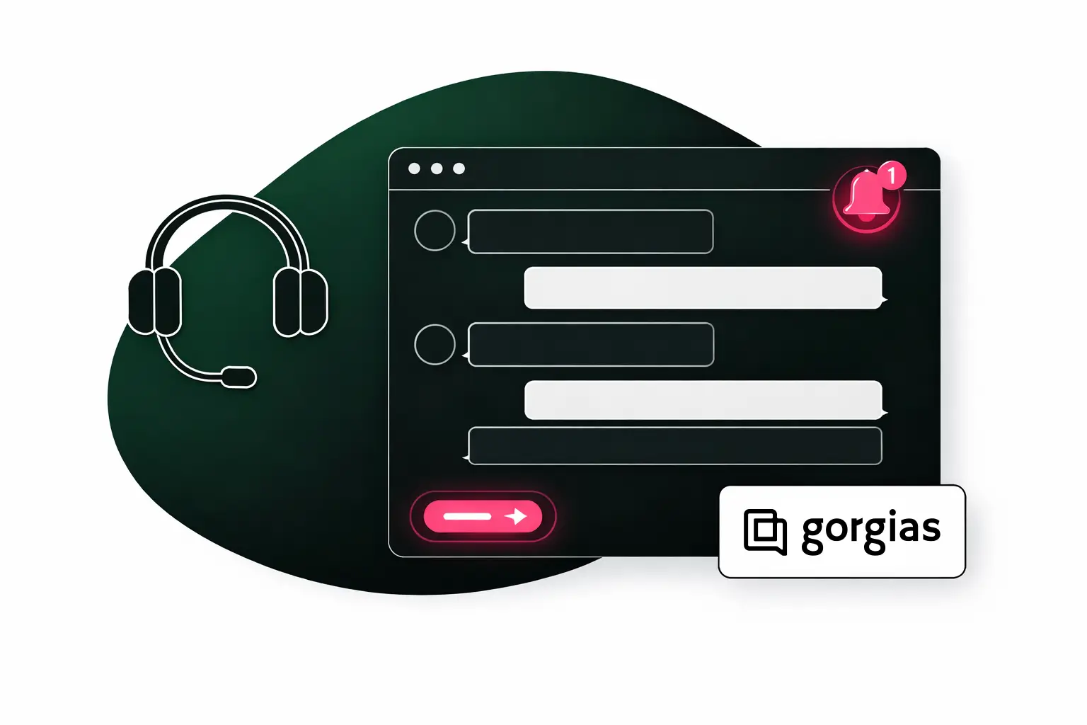 Eine Chat-Oberfläche mit einem Benachrichtigungssymbol, einer Kopfhörer-Grafik und einem Gorgias-Logo vor einer dunkelgrünen abstrakten Form.