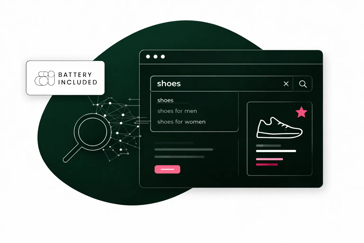 Darstellung einer Suchmaschine mit der Suchanfrage „Schuhe“, Ergebnissen für Herren- und Damenschuhe, einem Schuhsymbol und dem Hinweis „Batterie im Lieferumfang enthalten“.