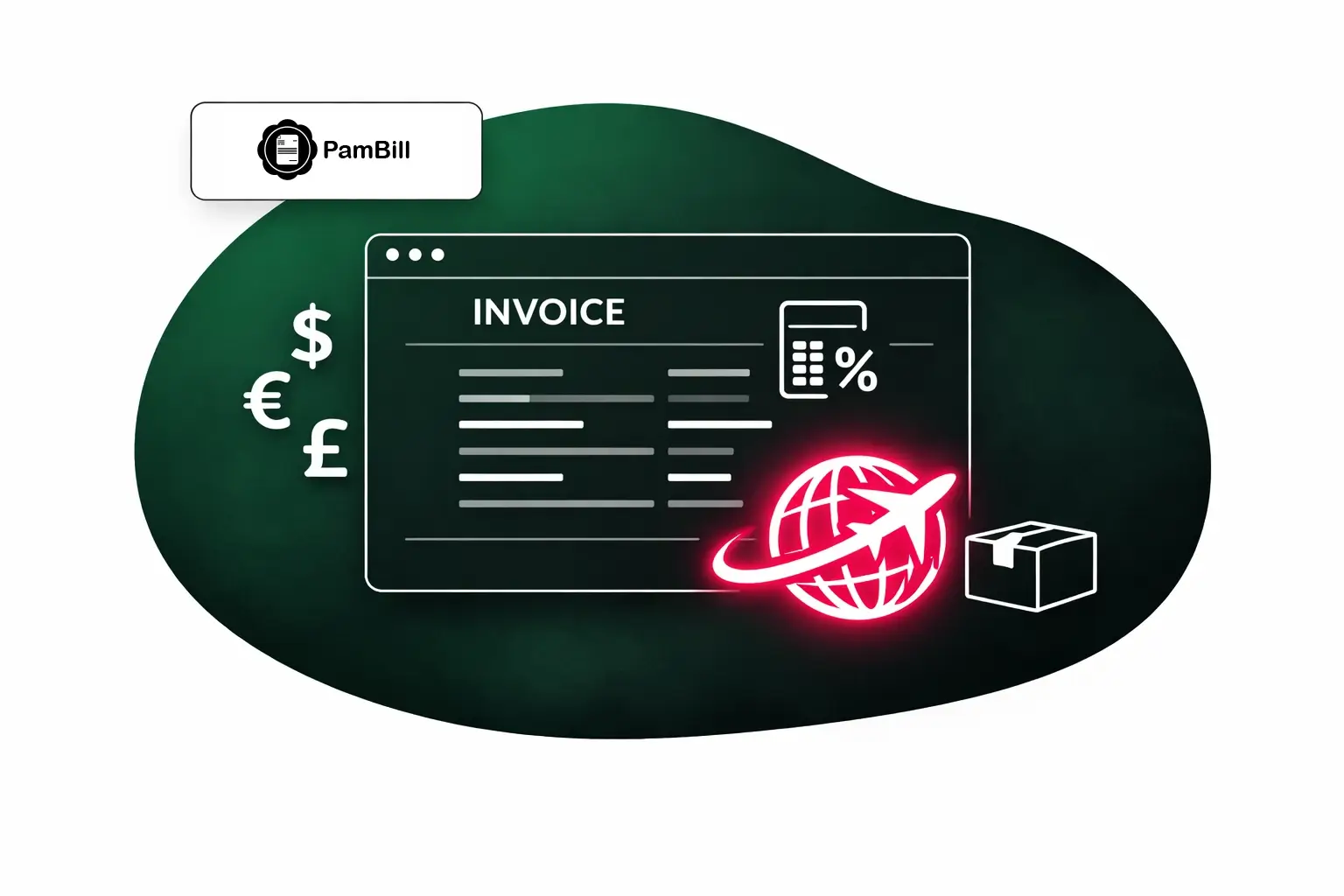 Grafik einer Rechnung mit Währungssymbolen, einem Globus mit einem Pfeil und einem Paket, die auf weltweite Rechnungsstellung und Versand hinweisen. Darüber das PamBill-Logo.