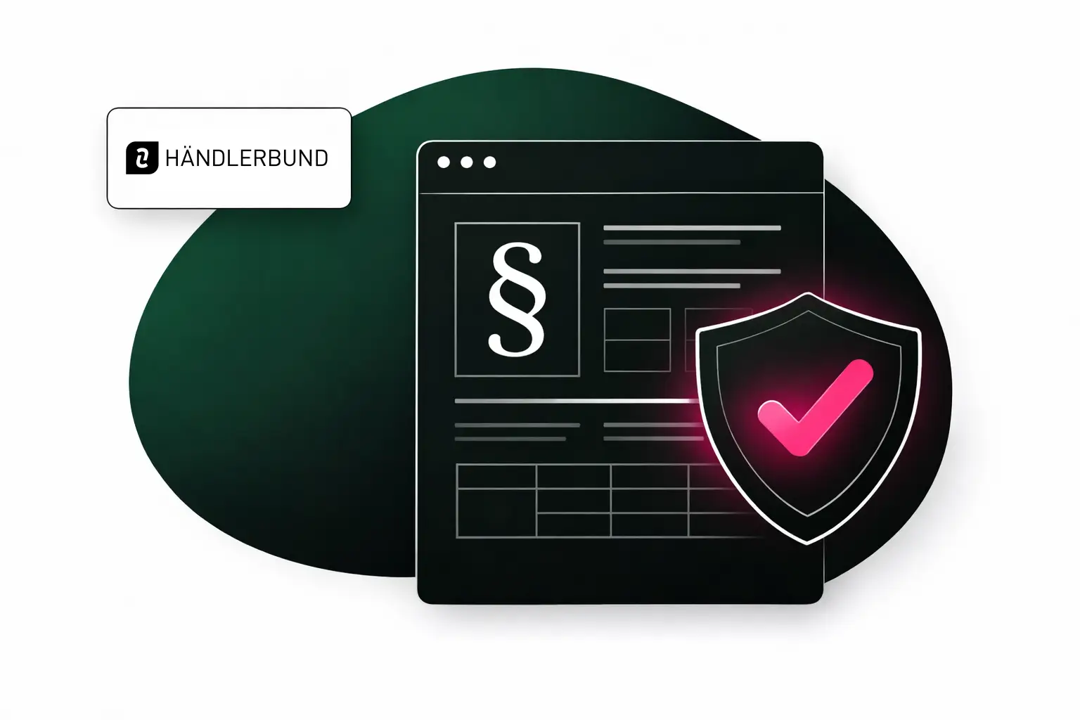 Eine digitale Schnittstelle mit einem Querschnittsymbol und einem Schild mit einem Häkchen, das für Datenschutz steht, neben einem Händlerbund-Logo.