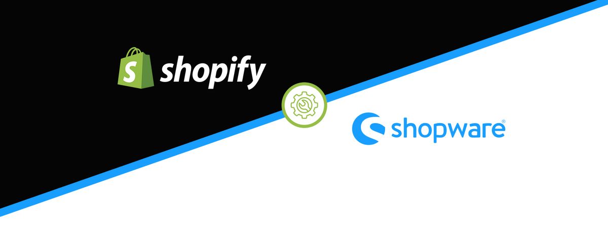 Diagonales geteiltes Bild mit Shopify-Logo auf Schwarz und Shopware-Logo auf Weiß, getrennt durch ein Zahnrad-Symbol.