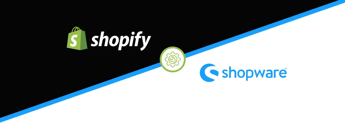 Diagonales geteiltes Bild mit Shopify-Logo auf Schwarz und Shopware-Logo auf Weiß, getrennt durch ein Zahnrad-Symbol.