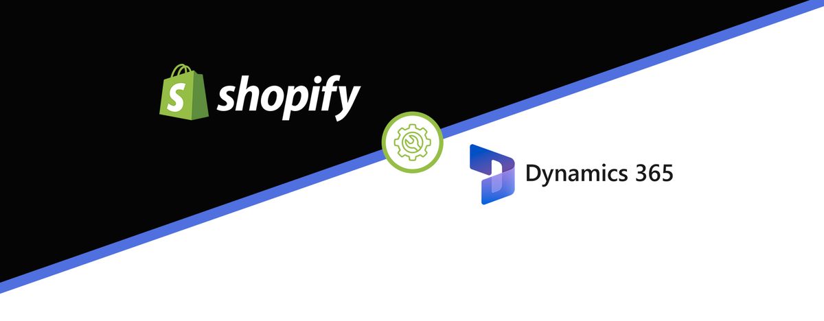 Diagonales geteiltes Bild mit Shopify-Logo auf der linken Seite, Dynamics 365-Logo auf der rechten Seite und einem Zahnrad-Symbol in der Mitte.