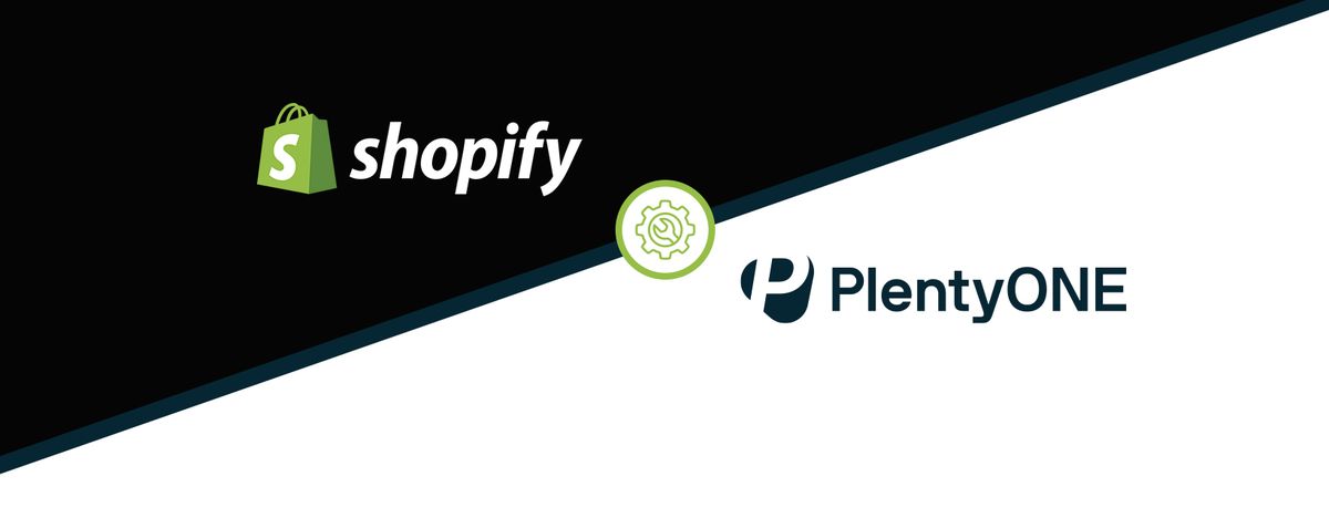 Diagonales geteiltes Bild mit Shopify-Logo auf Schwarz und PlentyONE-Logo auf Weiß, getrennt durch ein Zahnrad-Symbol.